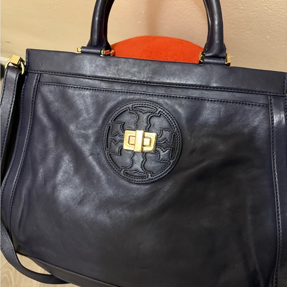 Tory Burch Navy Blue Leather Tote Bag